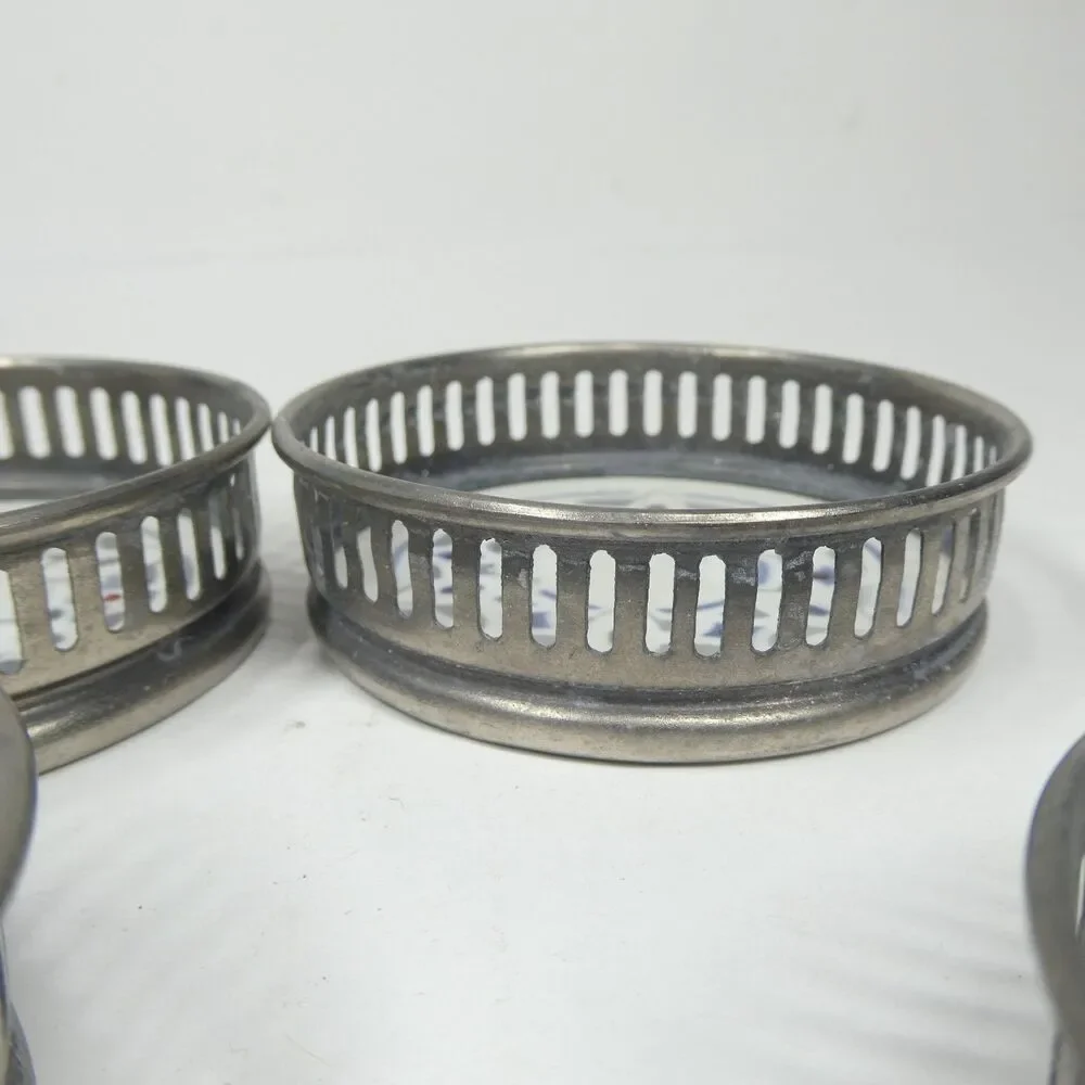 4 Coasters Set Vintage Ceramic Geometric With Pierced Metal Rim